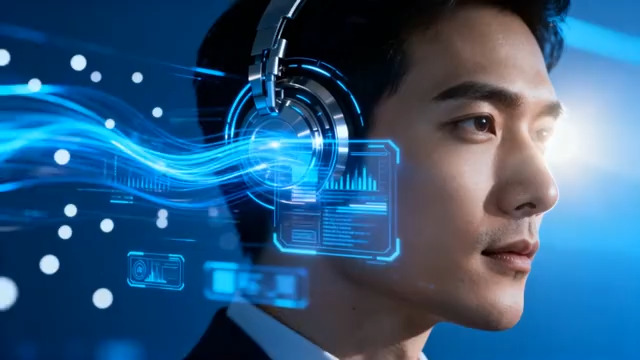  科技感男性佩戴智能耳机1313#横屏 	 