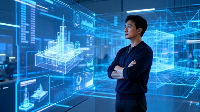  科技感男人与全息投影1312#横屏 	 