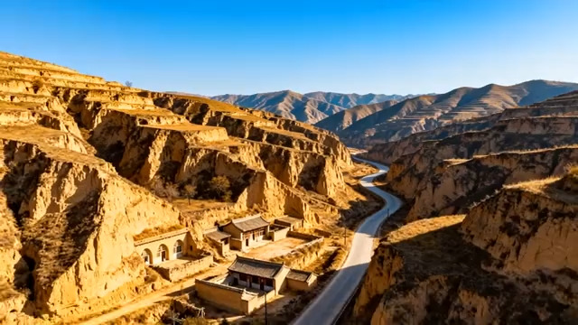  黄土高原窑洞航拍997#横屏 	 