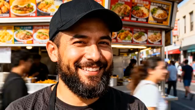  街头美食摊主微笑服务1106#横屏 	 