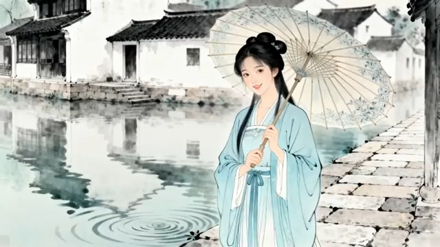  江南雨巷汉服女子1091#横屏 	 