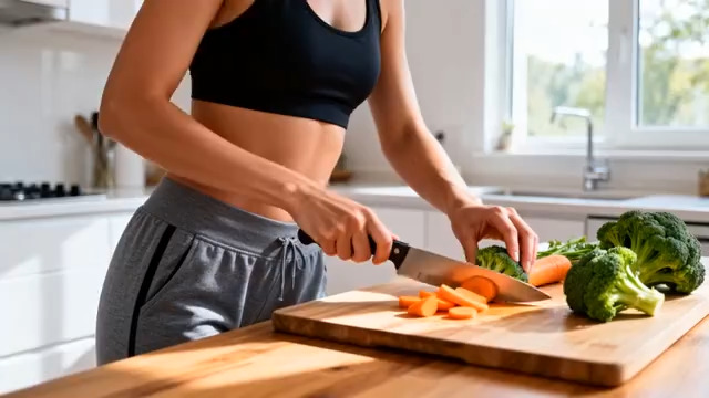  健身女性厨房切蔬菜1084#横屏 	 -