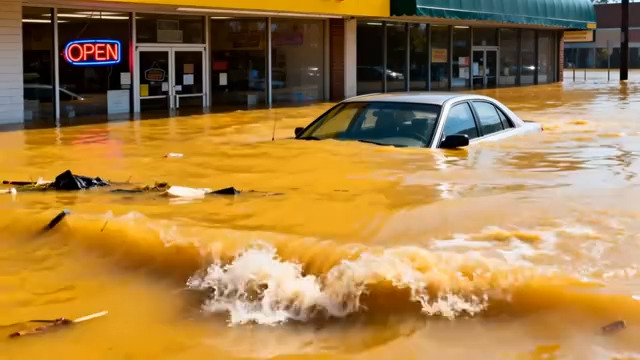  洪水淹没街道与车辆942#横屏 	 -
