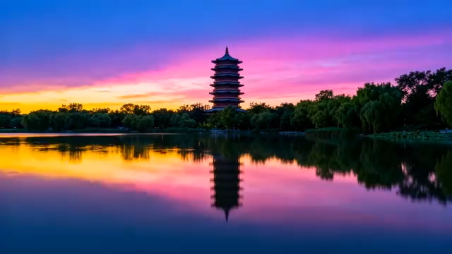  湖边古塔日落延时944#横屏 	 