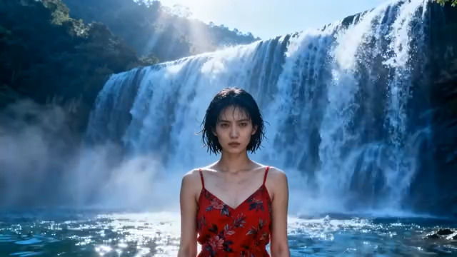  红衣女子瀑布前伫立932#横屏 	 