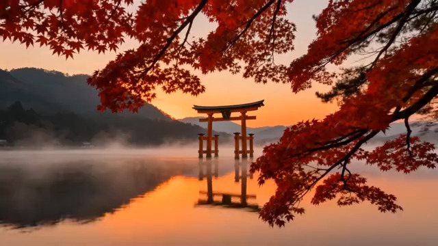  红枫与鸟居的黄昏之约874#横屏 	 