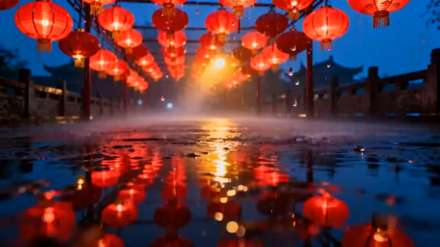  红灯笼夜景 水面倒影868#横屏 	 