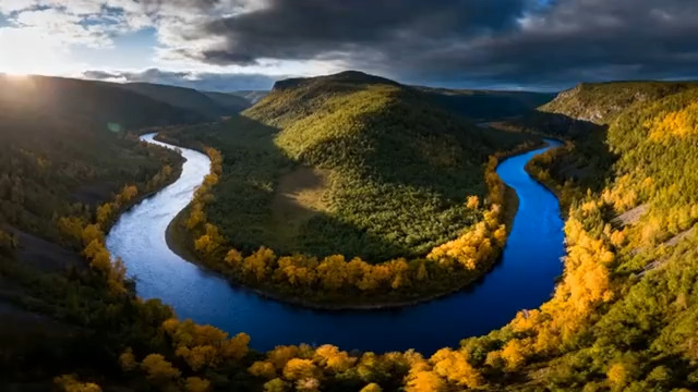  航拍秋季河湾风景829#横屏 	 