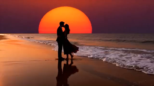  海边日落情侣拥吻766#横屏 	 