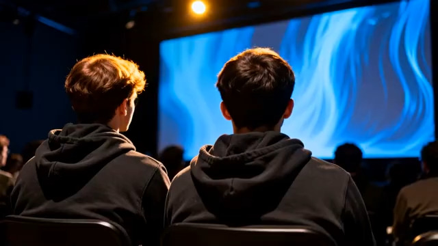  观众背影看蓝色屏幕740#横屏 	 