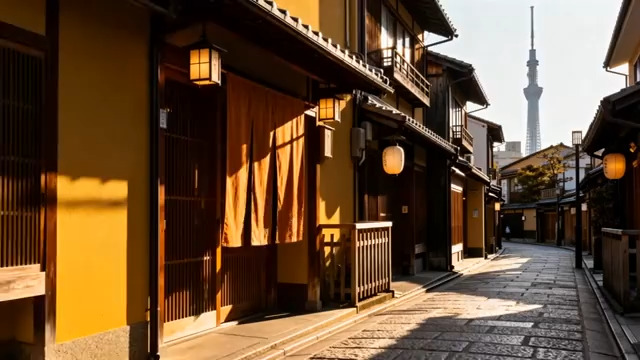  古街建筑与现代高塔同框690#横屏 	 