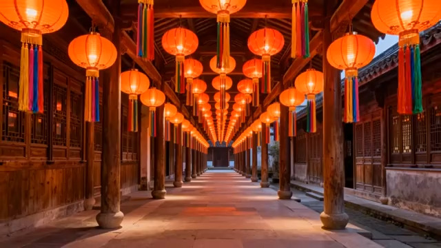  古建灯笼长廊夜景676#横屏 	 