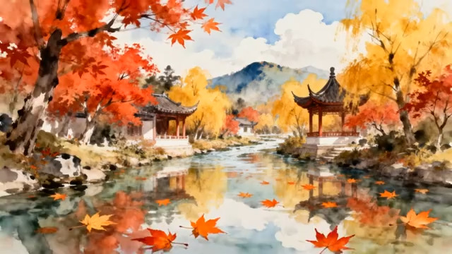  古风秋景亭台流水665#横屏 	 -