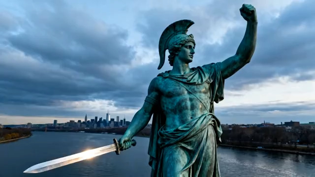  高举利剑的青铜战士雕像558#横屏 	 