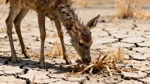  干旱土地上的小鹿觅食548#横屏 	 