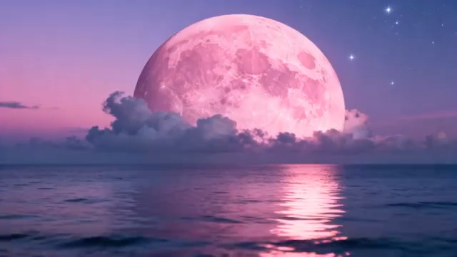  粉色月亮海面夜景513#横屏 	 