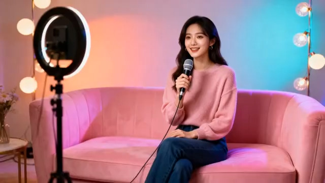  粉色沙发女主播带货506#横屏 	 