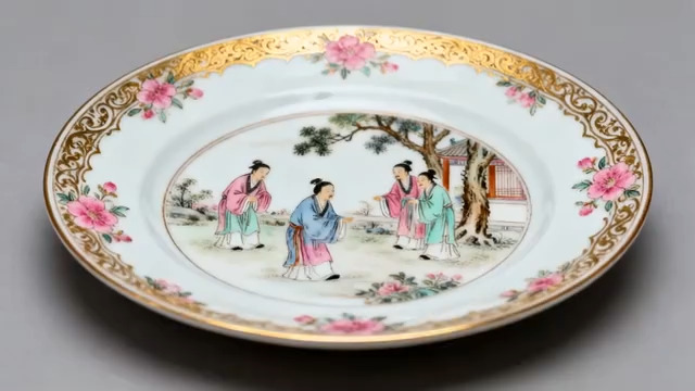  粉彩人物纹瓷盘特写492#横屏 	 