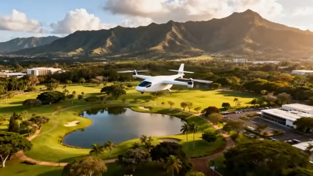  飞机低空掠过绿色高尔夫球场474#横屏 	 