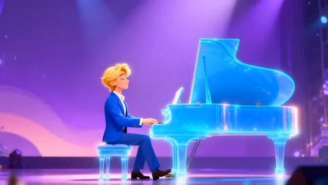  动画人物弹奏蓝色钢琴445#横屏 	 