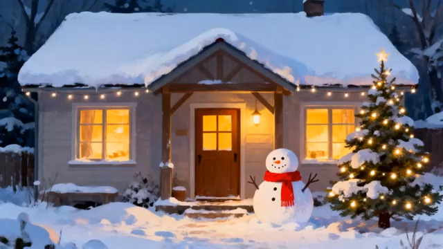  冬日小屋雪景夜景429#横屏 	 -