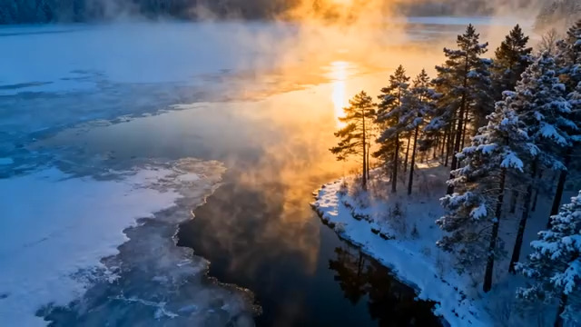  冬日湖面晨雾雪景417#横屏 	 