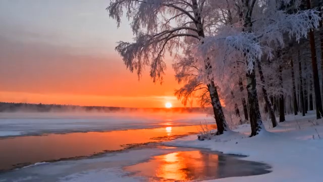  冬日湖面日出雪景418#横屏 	 