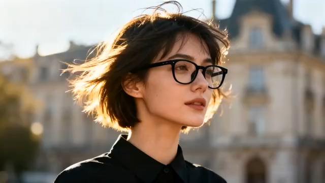  戴眼镜女子侧脸风吹发384#横屏 	 