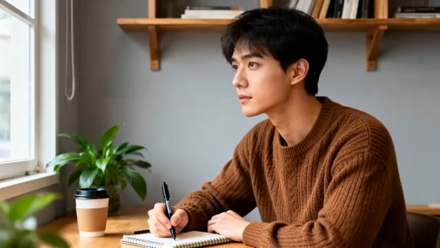  窗边青年书写思考340#横屏 	 