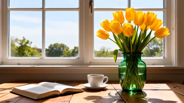  窗边郁金香与阳光咖啡342#横屏 	 