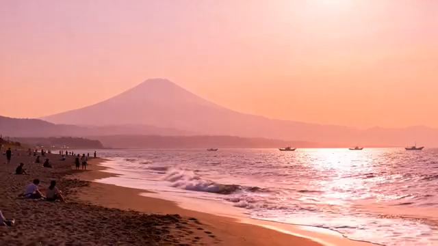  富士山粉色日落海滩541#横屏 	 - 