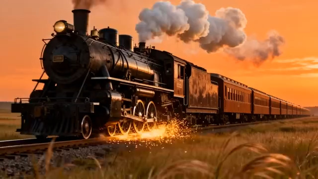  复古蒸汽火车日落行驶536#横屏 	 