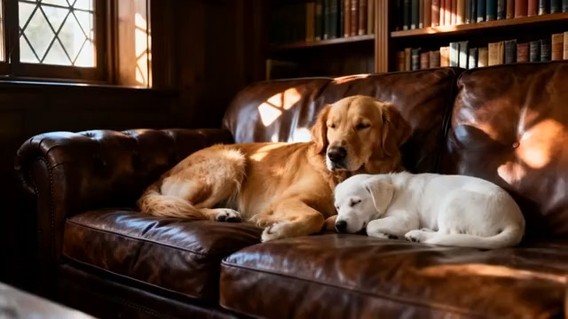  大小金毛犬依偎沙发365#横屏 	 