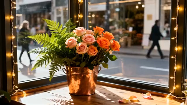  窗边鲜花与街景341#横屏 	 -