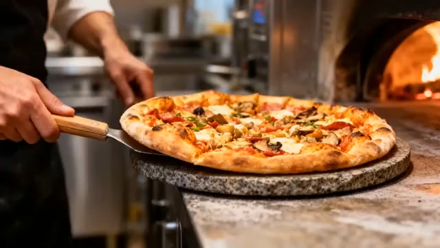  厨师从烤炉取出美味披萨303#横屏 	 