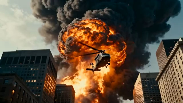  城市爆炸与直升机惊险画面235#横屏 	 