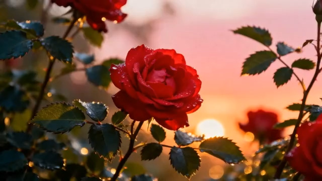  晨曦中的红玫瑰特写224#横屏 	 