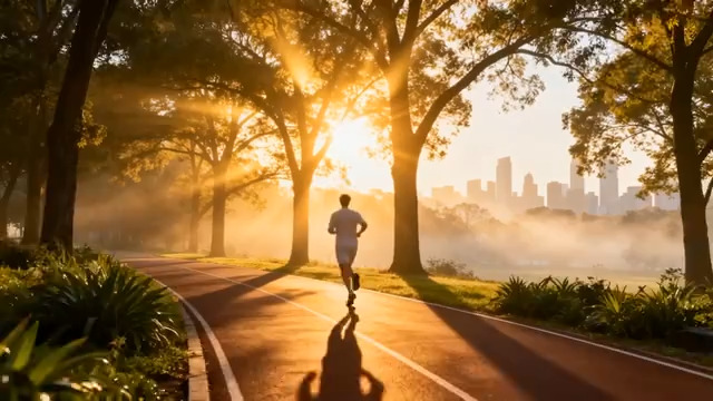  晨光下的晨跑身影188#横屏 	 