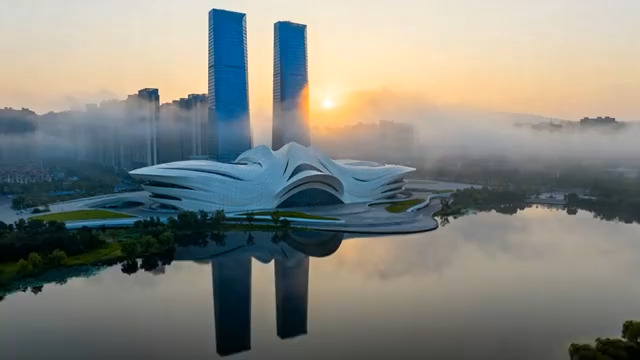  朝霞中的城市地标建筑155#横屏 	 