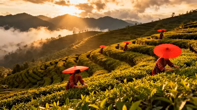  茶山晨雾采茶女143#横屏 	 -