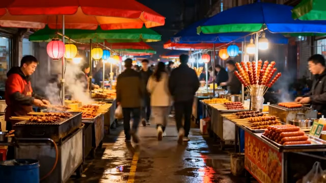  夜市摊位前的美食售卖场景1252#横屏 	 - 