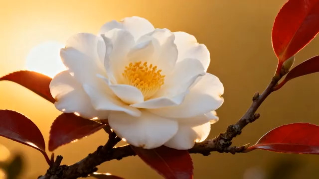  阳光下绽放的白色山茶花2090#横屏 	 