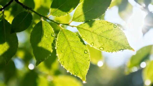  阳光下带水珠的绿色树叶657#横屏 	 - 