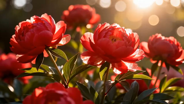  阳光下绽放的红色牡丹花2142#横屏 	 