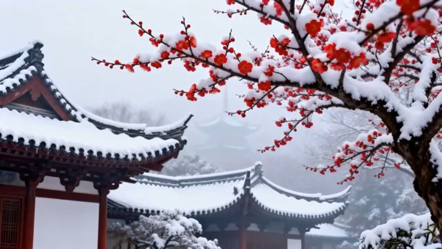  雪中古建筑与红梅景致165#横屏 	 
