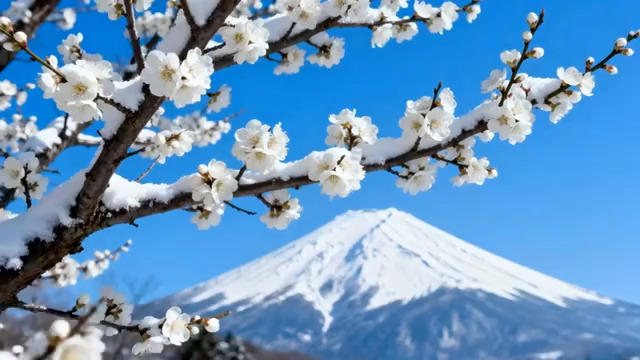  雪中盛开樱花与富士山风景2089#横屏 	 