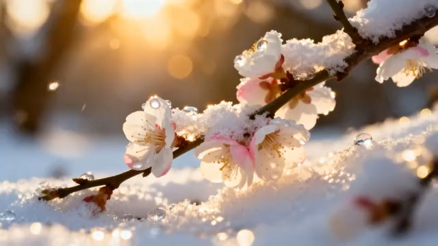  雪中绽放的粉色花朵特写2216#横屏 	 