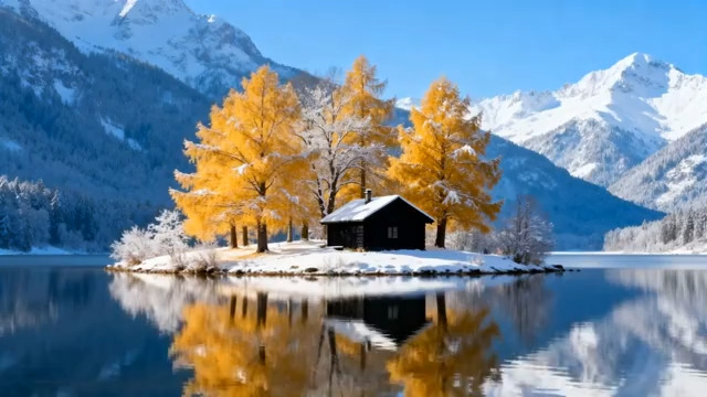  雪山湖泊中的小岛雪后风光920#横屏 	 