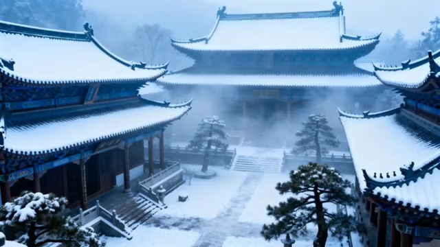  雪景中的中式古建筑714#横屏 	 -