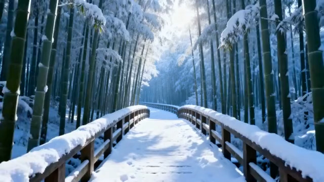  雪后竹林木桥风景132#横屏 	 